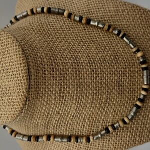 American Eagle Silver, Tan, and Black Beaded Necklace, 16"